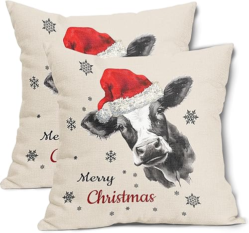 Miniatura 1 de Juego de 2 fundas de almohada de vaca de Navidad de 16 x 16 pulgadas, diseño de acuarela de vaca blanca y negra, fundas de almohada decorativas con
