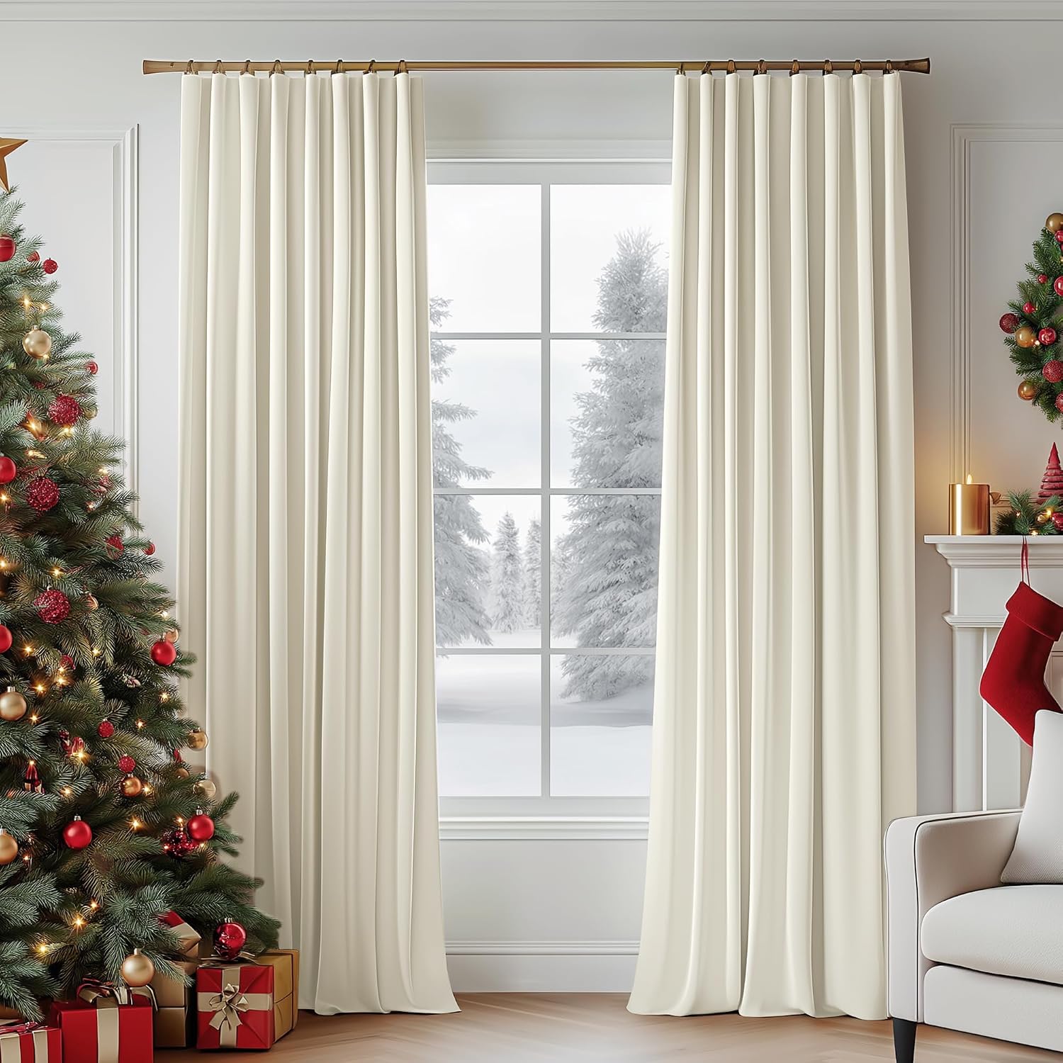 FMFUNCTEX Velvet Curtains Cream Room Darkening Curtain for Bedroom Living Room Light Filtering Curtains 90 Inches Long Soft Luxury Heavy Rod Pocket Cream Drapes Dining Room 2 Panels Set