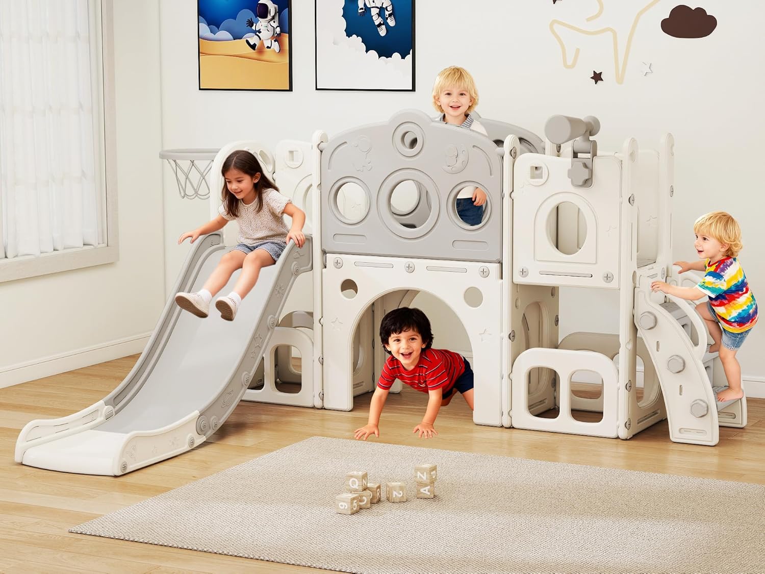 8 in 1 Toddler Slide, Outdoor Indoor Playset for Kids Baby Age 1 2 3, Childs Climber Slide with Storage Space and Non-Slip Steps, Basketball Hoopa and Telescope, Gray & White