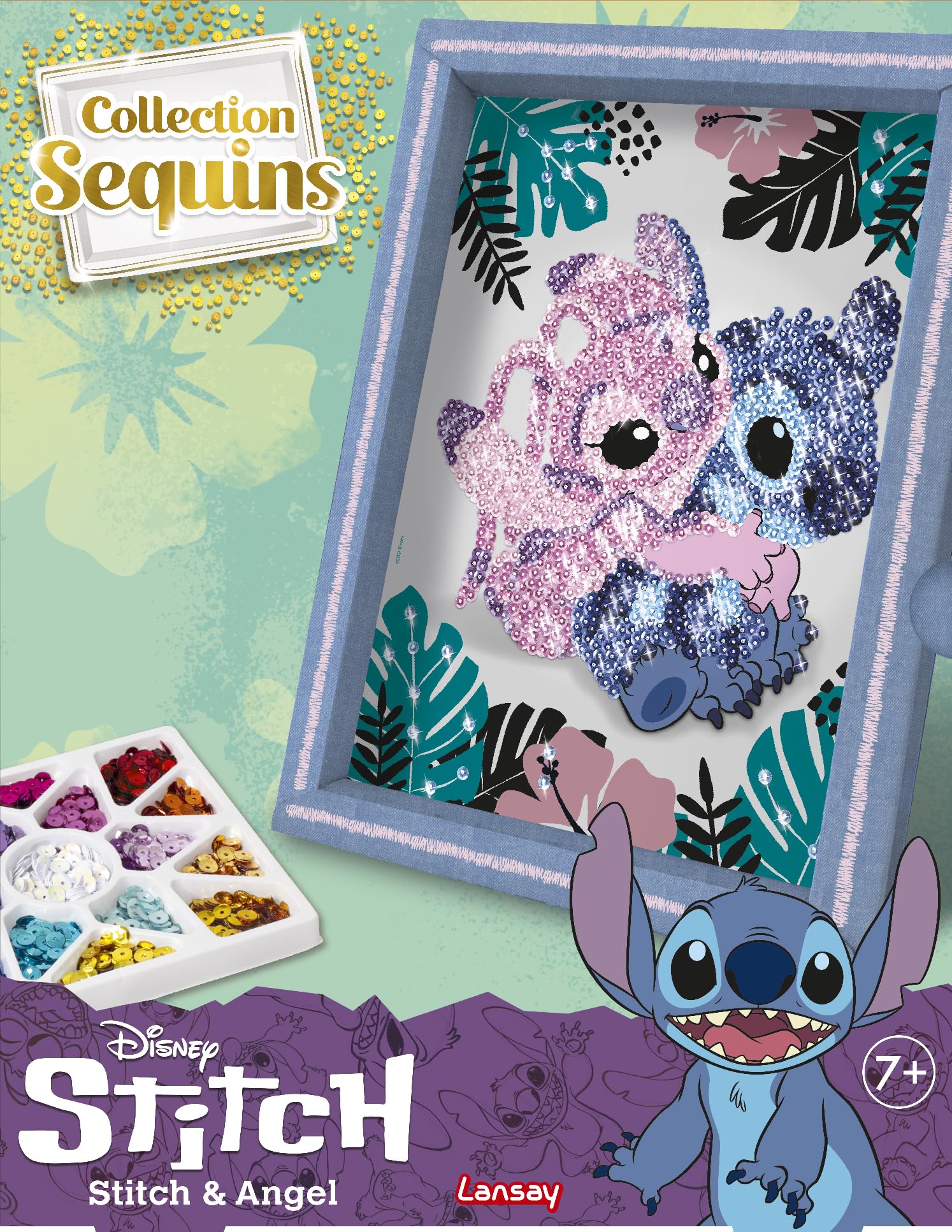 Lansay - COLLECTION SEQUINS STICH & ANGEL - Paillettenbild Bastelset für Kinder ab 7 Jahren - DIY Glitzermosaik inkl. Rahmen, bunten Pailletten & Nadeln - Kreative Disney Deko Geschenkidee Mädchen