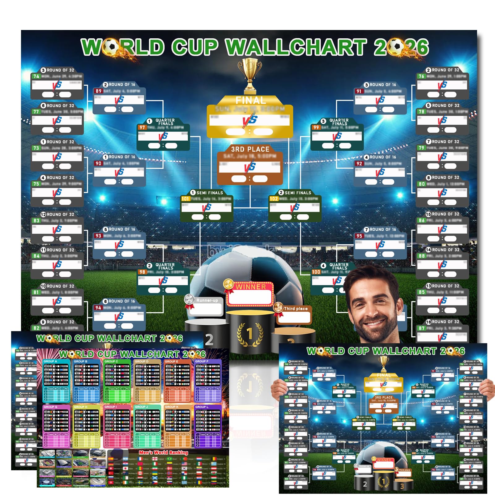 Drezesov 2026 World Cup Schedule Poster Set, A2 Size-23.4" x 16.5"/60 x 42cm, 2 Pcs World Cup Merchandise 2026 Calendar Wall Chart Decorations for Soccer Fans Gifts Home Office Bar Party Decor