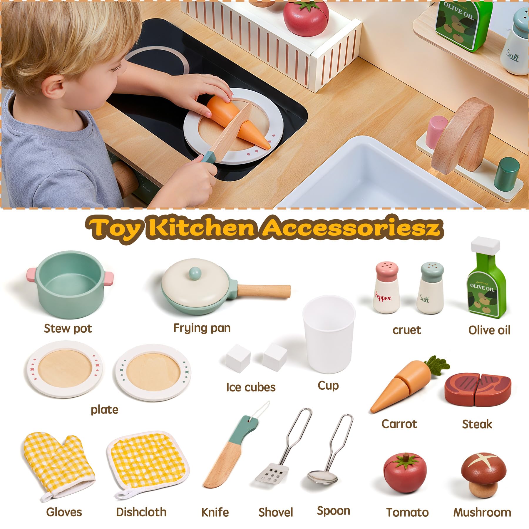 TOYWOO Kinderküche Holz mit Licht & Sound, Spielküche für Kinder ab 3 Jahren mit Schneidelebensmittel-Set, Spülbecken, Herd & Mikrowelle, Pädagogisches Rollenspielzeug Geschenk für Mädchen Jungen