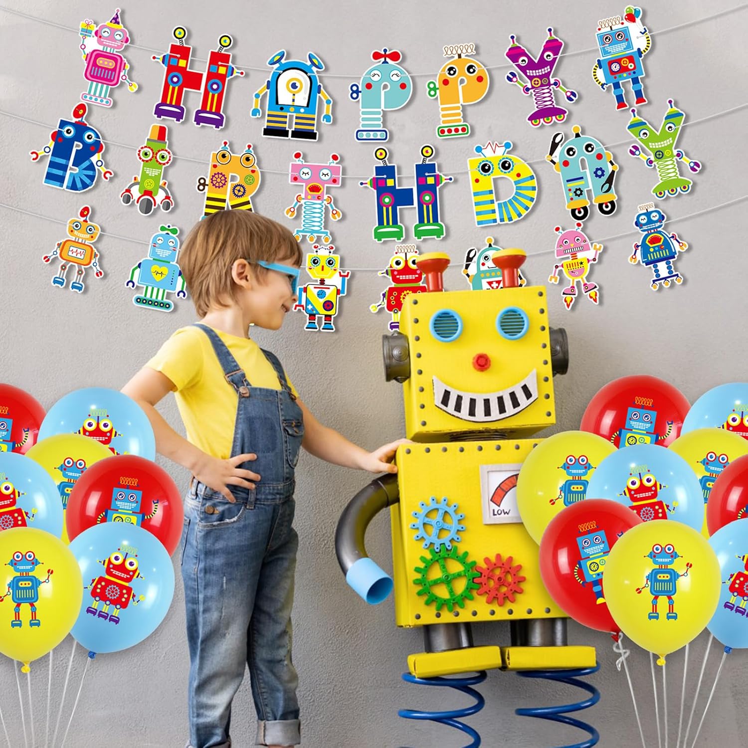 Robot Birthday Party Decoration, Include Happy Birthday Banner, Cake Toppers, Cupcake Toppers and Balloons, Robot Birthday Party Supplies for Boys Girls Baby Shower