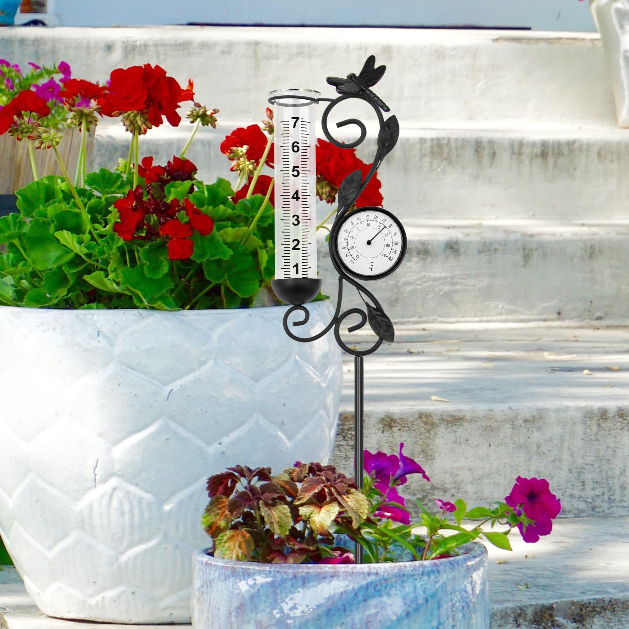 Pluviometro da giardino con termometro, paletto decorativo in metallo, motivo libellula, nero