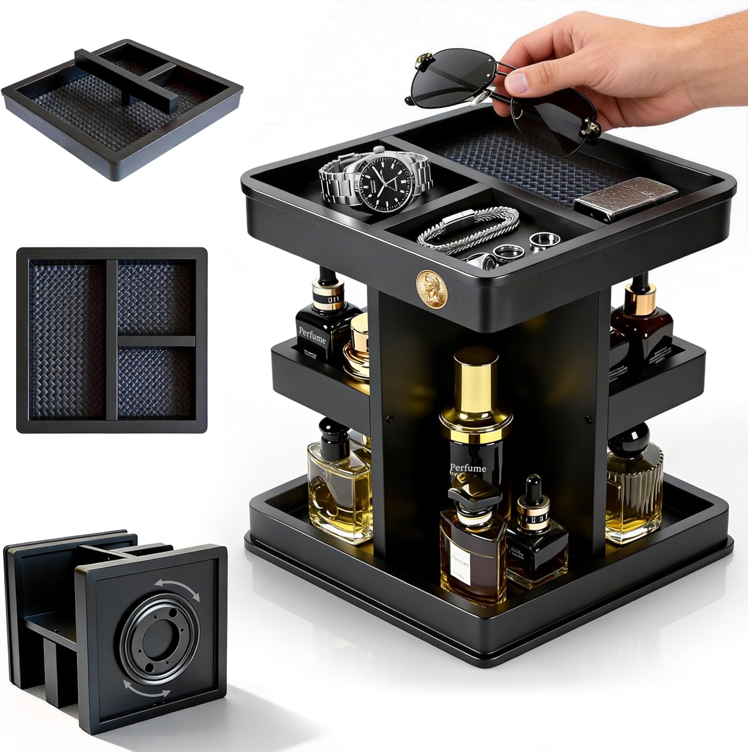 Cologne Organizer for Men, 3-Tier Large Capacity Wooden Cologne Stand with Metal Rotating Turntable, Perfume Shelf with Leather Mat Included, Desk & Nightstand Organizer, Birthday Gifts for Men, Black