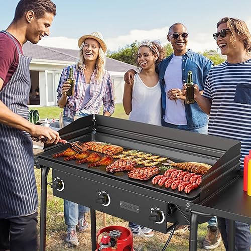 Miniatura 7 de ROVSUN Estufa de gas de 3 quemadores con 2 estantes laterales, estufa de propano portátil de 225,000 BTU con pata extraíble, panel cortavientos