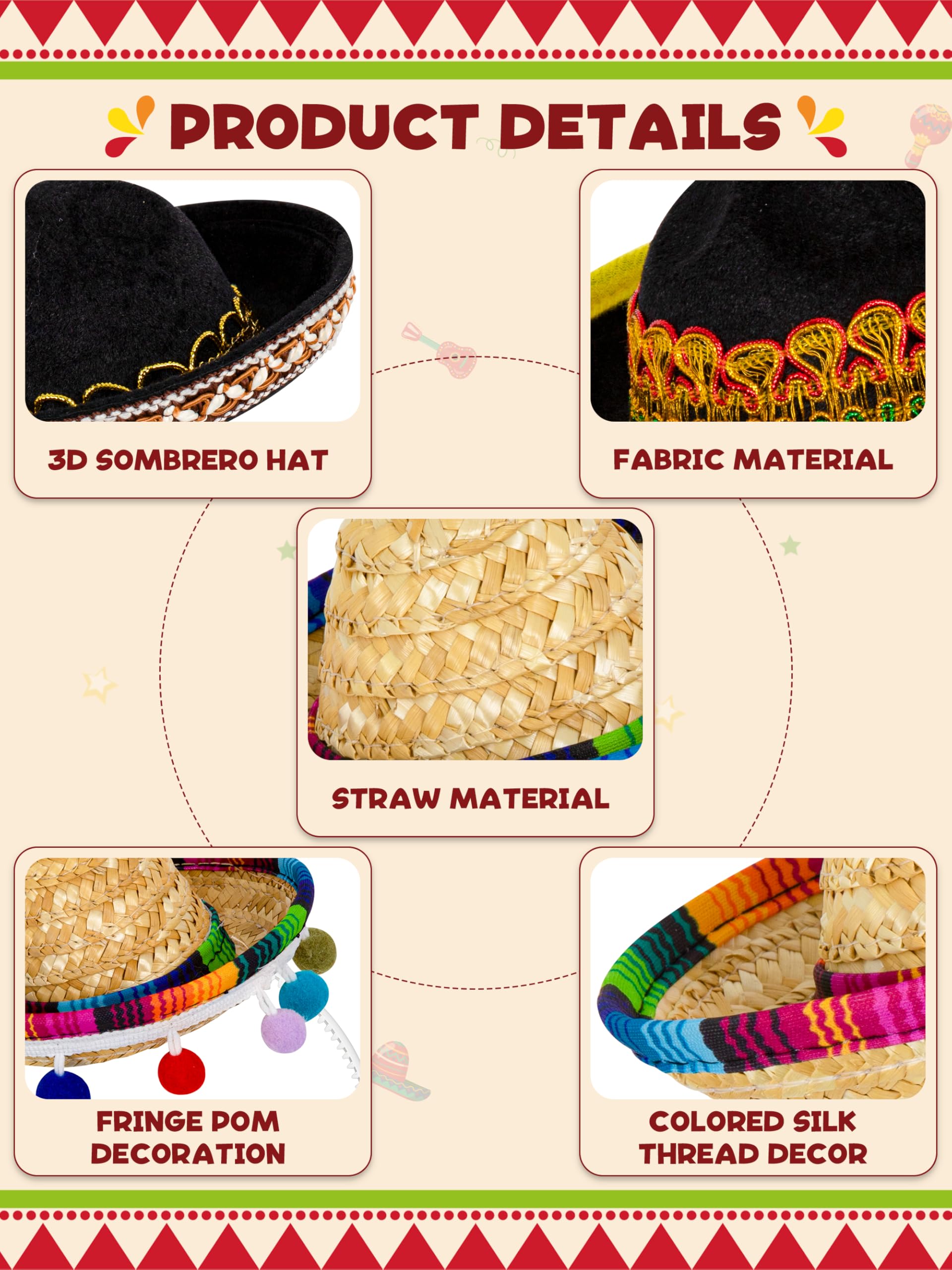 Sombreros de fiesta, diademas clásicas del Cinco de Mayo, sombrero de fiesta mexicana con diadema