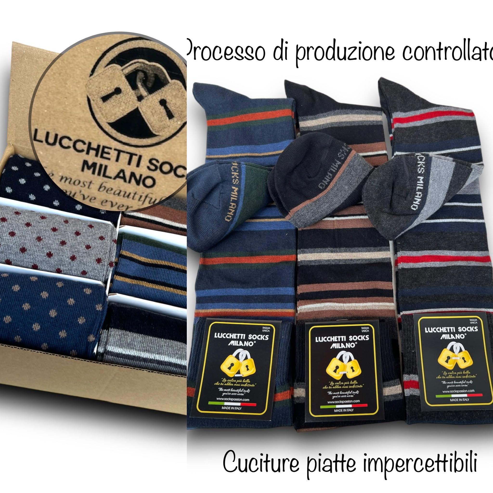 Lucchetti Socks Milano Scatolina Idea Regalo 6 Paia Calze Fantasia Uomo Lunghe Made in Italy Colorate Invernali Pois Righe Confortevoli