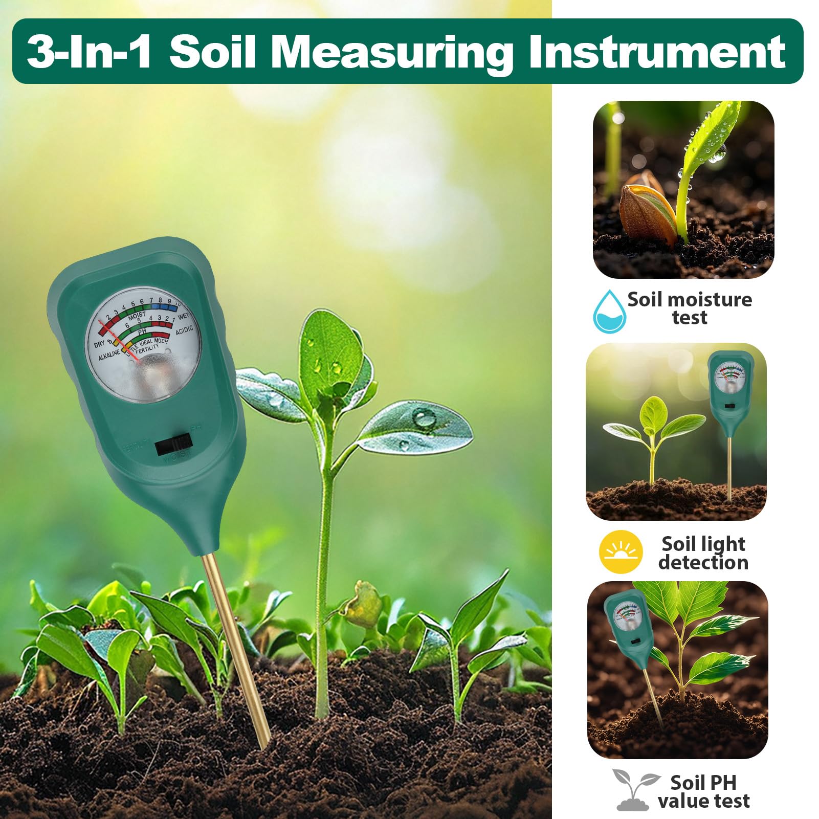 3 en 1 Medidor Humedad Plantas para Medidor de Humedad/Luz/PH del Suelo, Medidor PH Tierra, Plug and Play, Higrometro para Plantas Grandes de Interior y Exterior, Flores, Jardinería, Agricultura
