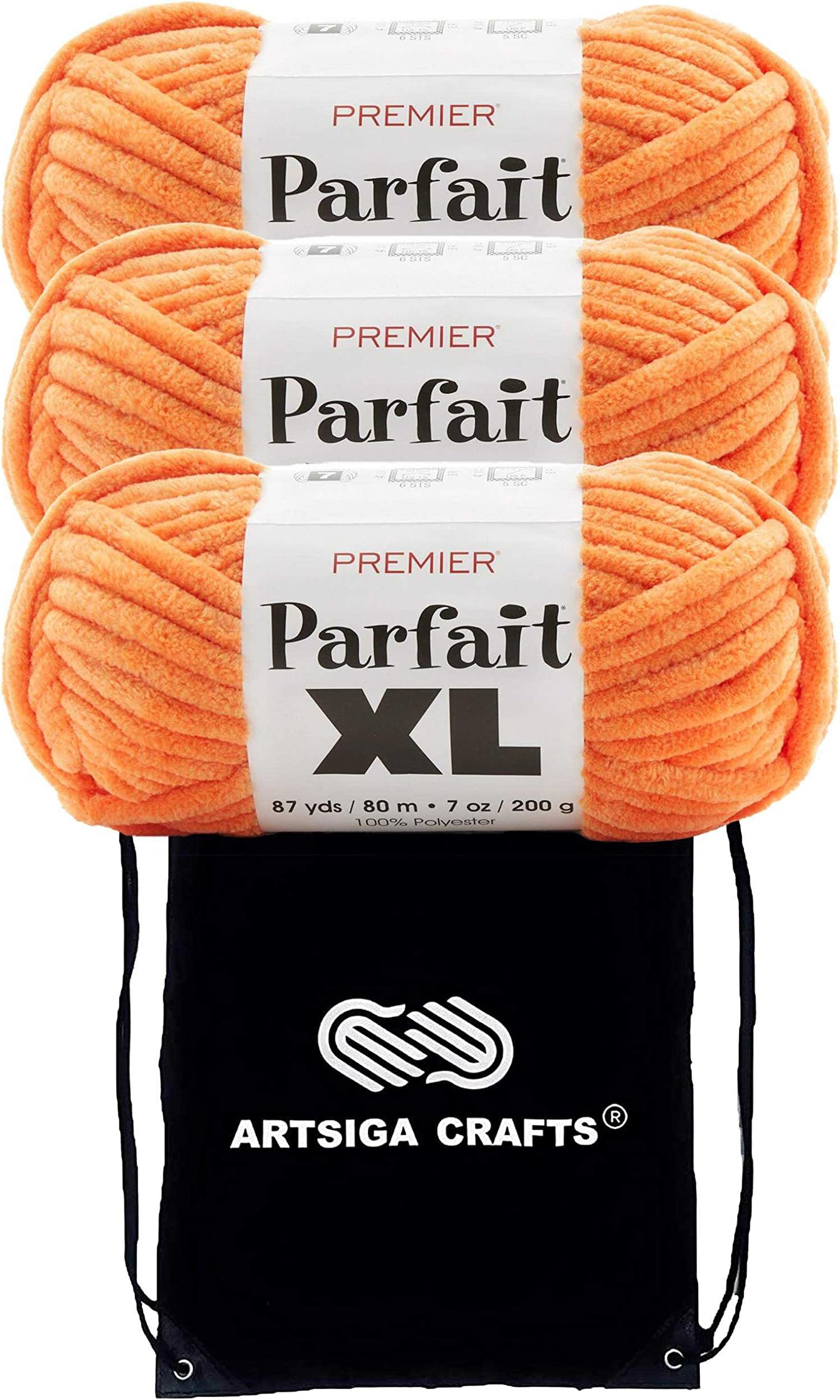 Premier Yarns Parfait XL Tangerine 2050-19 (3-Skeins - Same Dye Lot) Jumbo #7 Polyester Yarn for Crocheting and Knitting - Bundle with 1 Artsiga Crafts Project Bag