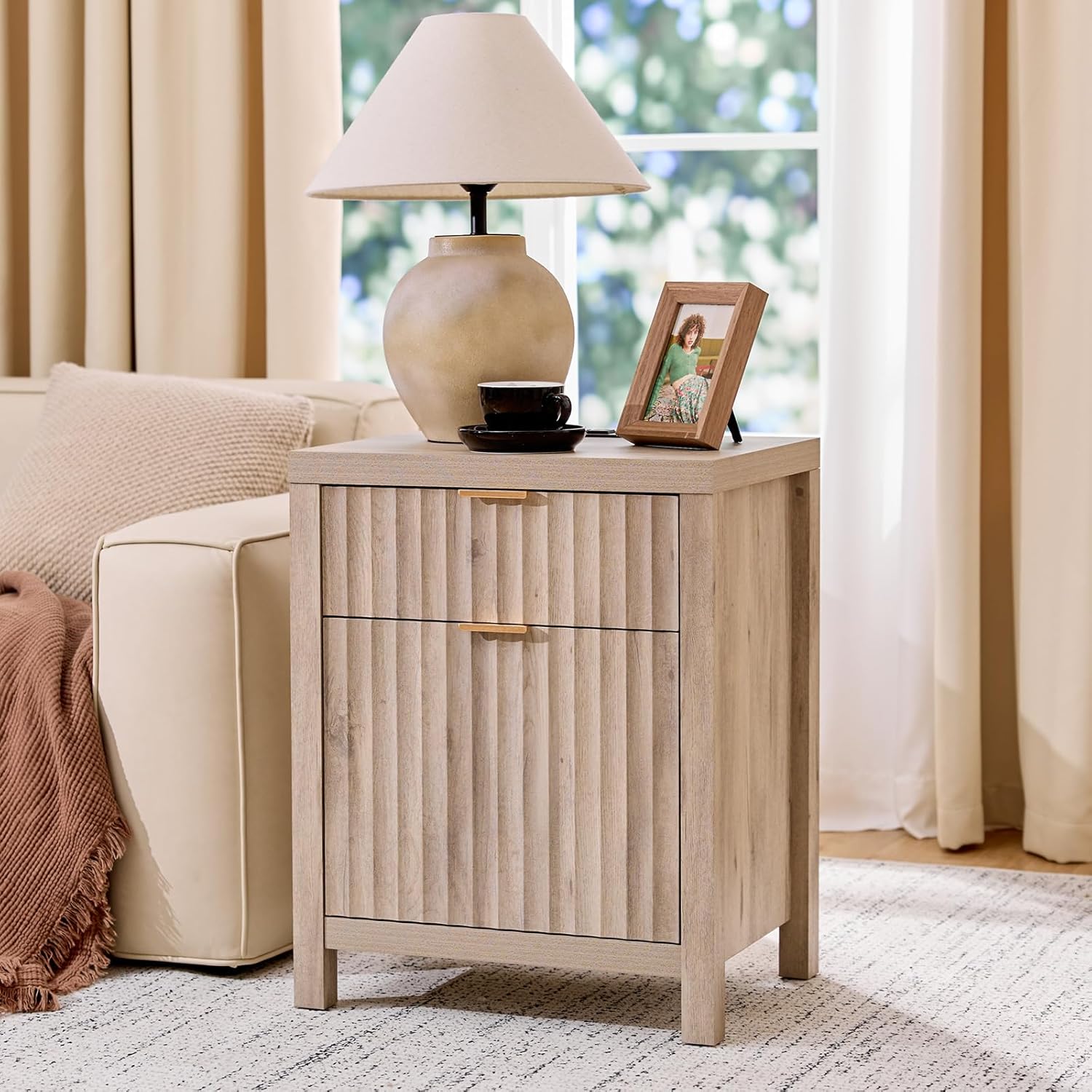 Walsham Night Stand Set 2, Fluted Nightstand with Charging Station, Modern End Table with 2 Drawers, Bed Side Tables Set of 2 for Bedroom Living Room Sofa Couch Office(Grey Oak)