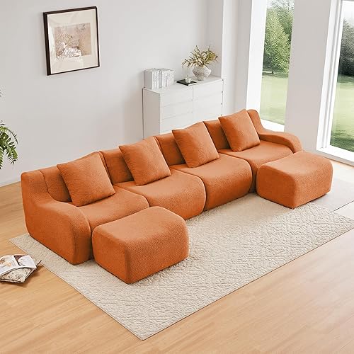 Boneless Cloud Couch Modular Sectional Sofa, 148" U Shaped Couch 4 Seater Comfy Teddy Sofa, Deep Seat Sectional Couches for Living Room, Oversized Floor Couches with Ottoman, No Assembly, Orange