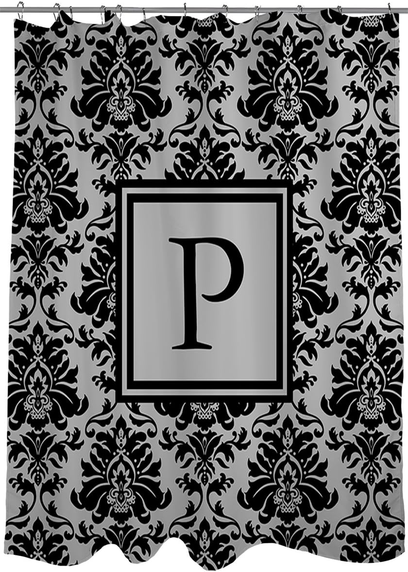 Manual Woodworkers & Weavers Shower Curtain, Monogrammed Letter P, Black and Grey Damask