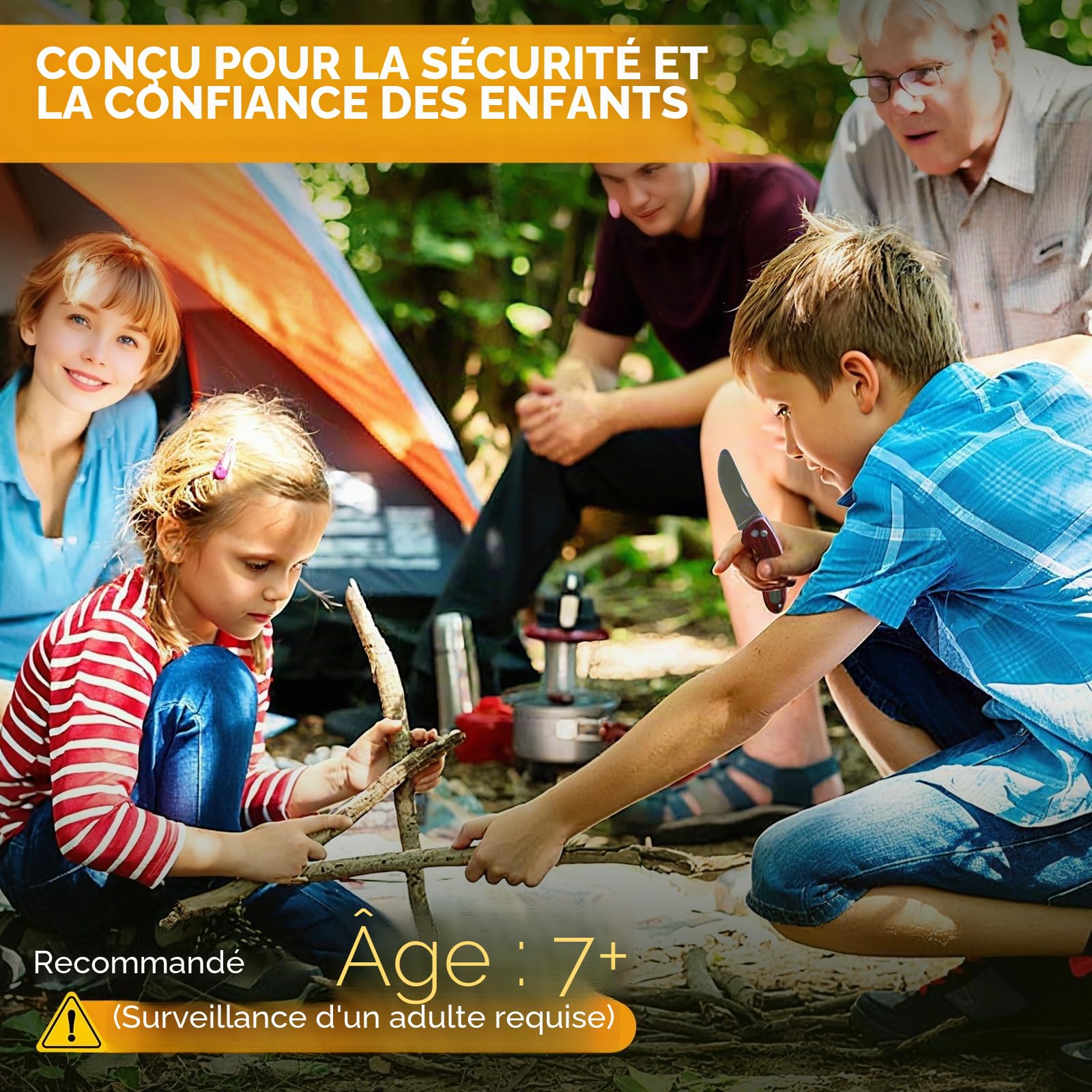 Kit de survie en plein air pour enfants avec couteau de poche, outil multifonction, allume-feu, boussole, paracorde, sifflet, mousquetons et sac étanche – Kit d'aventure de camping pour garçons et