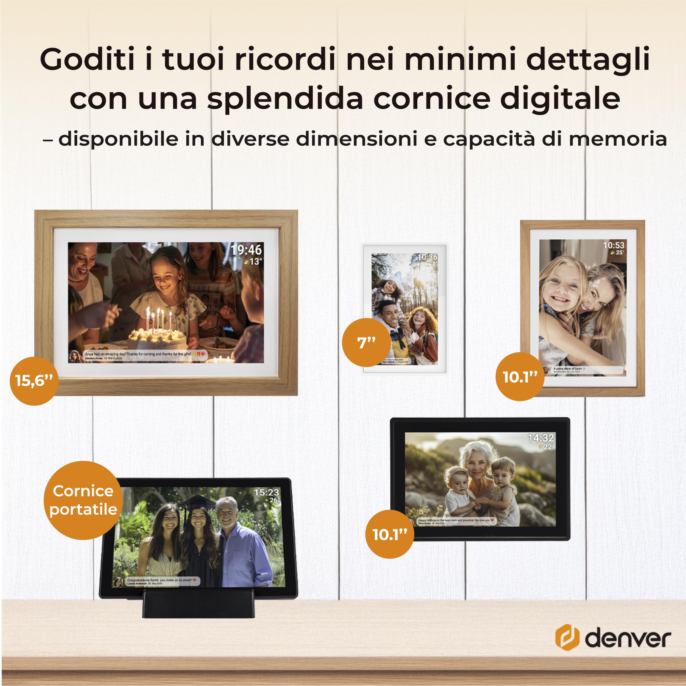 Cornice Digitale 15 Pollici WiFi - Schermo IPS Full HD 1920x1080 - Portafoto Digitale Frameo Denver per Foto e Video - Cornice Elettronica Touchscreen Smart - 16GB Memoria - Slot microSD - Nera
