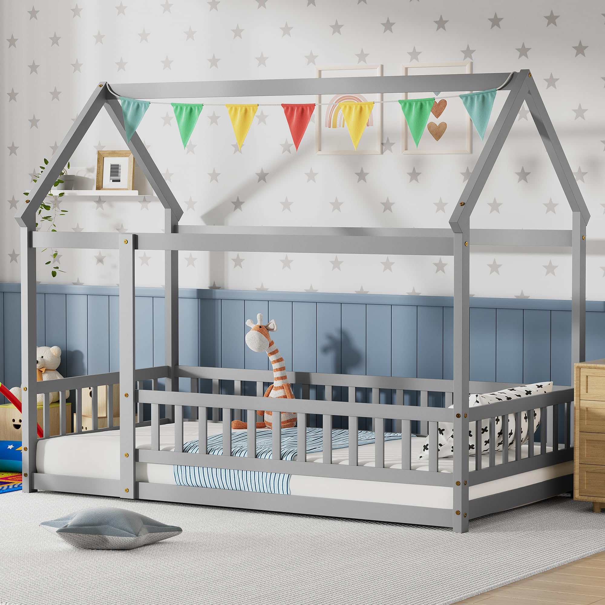 Twin Size Montessori Floor Bed with Roof & Fence Guardrails for Boys Girls Bedroom,Twin Size Floor Wooden Bed Frame,Easy Assemble,No Box Spring Needed, Gray