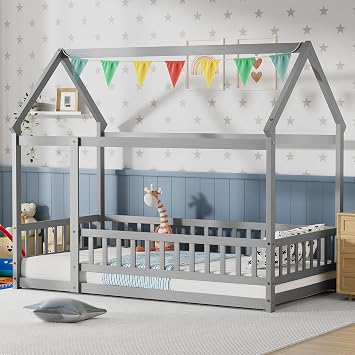 PVWIIK Twin Size Montessori Floor Bed with Roof & Fence Guardrails for Boys Girls Bedroom,Twin Size Floor Wooden Bed Frame,Easy Assemble,No Box Spring Needed, Gray