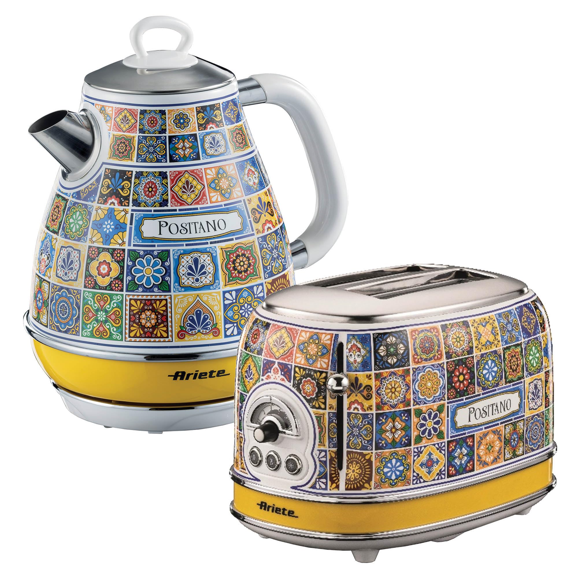 Ariete Positano Jug Kettle & 2 Slice Toaster Set, Italian Tile Design, Vintage-Inspired Breakfast Set