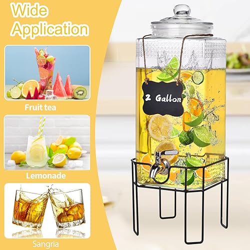 Miniatura 4 de Dispensador de bebidas de vidrio de 2 galones, dispensadores de bebidas para fiestas, Navidad, dispensador de bebidas con soporte y tapa de vidrio,