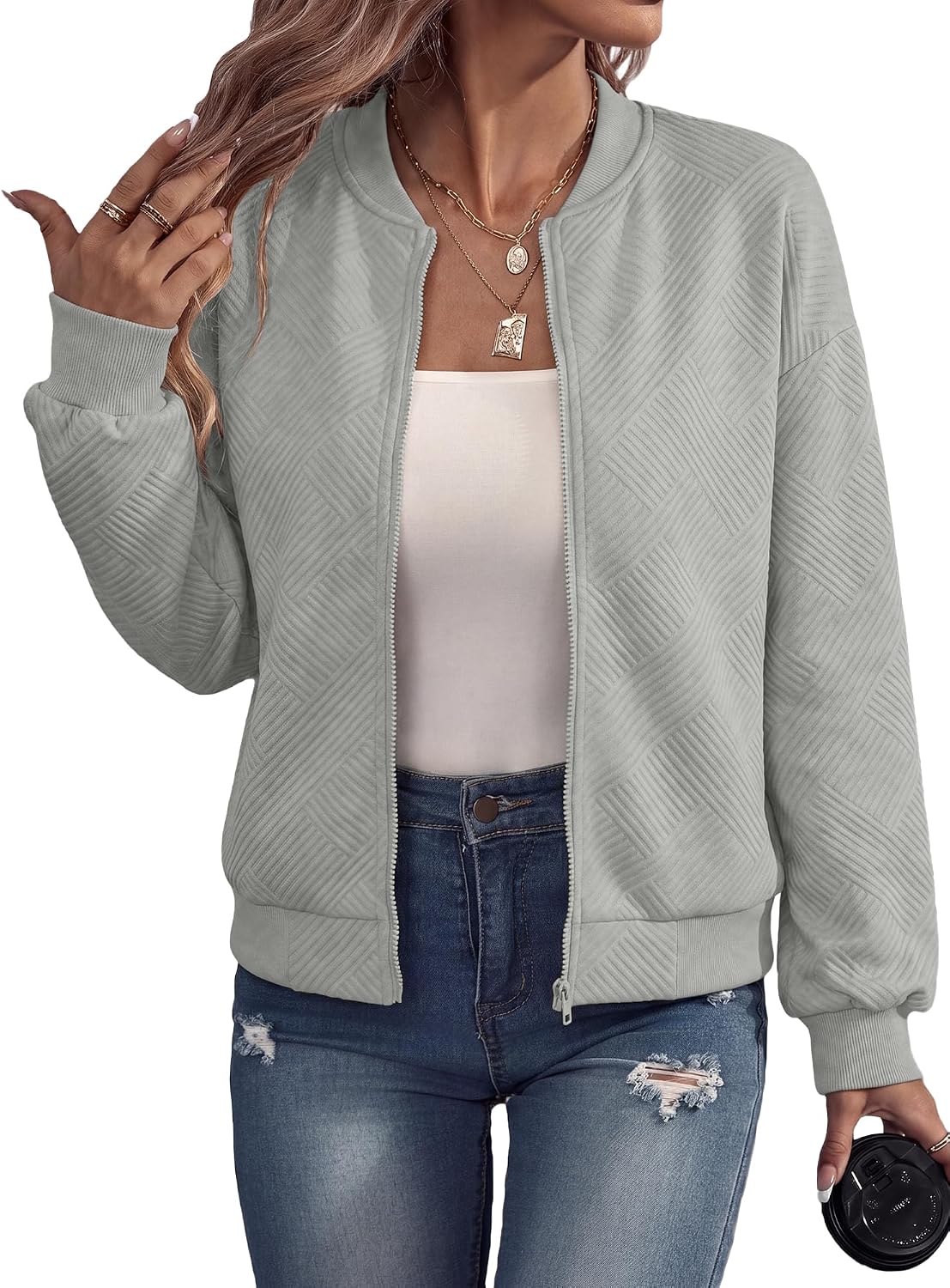 Women Zip Up Bomber Jacket Casual Lightweight Coat