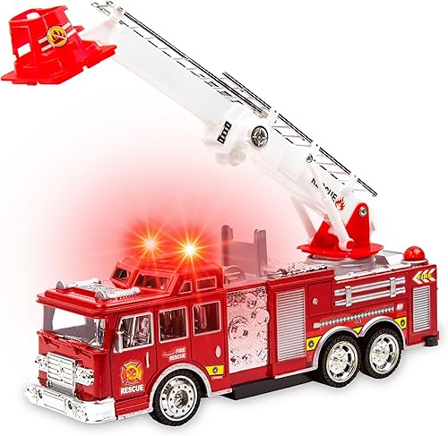 Toysery Camión de bomberos de juguete con luces intermitentes y sonidos de sirena para niños, escalera giratoria extensible, acción de chocar y