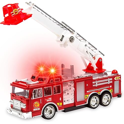 Toysery Fire Truck Toy with Flashing Lights & Siren Sounds for Kids, Extendable Rotating Ladder, Bump and Go Action, Role Play Toy for Boys & Girls, Kid Car Toy Trucks, Ages 3-7+
