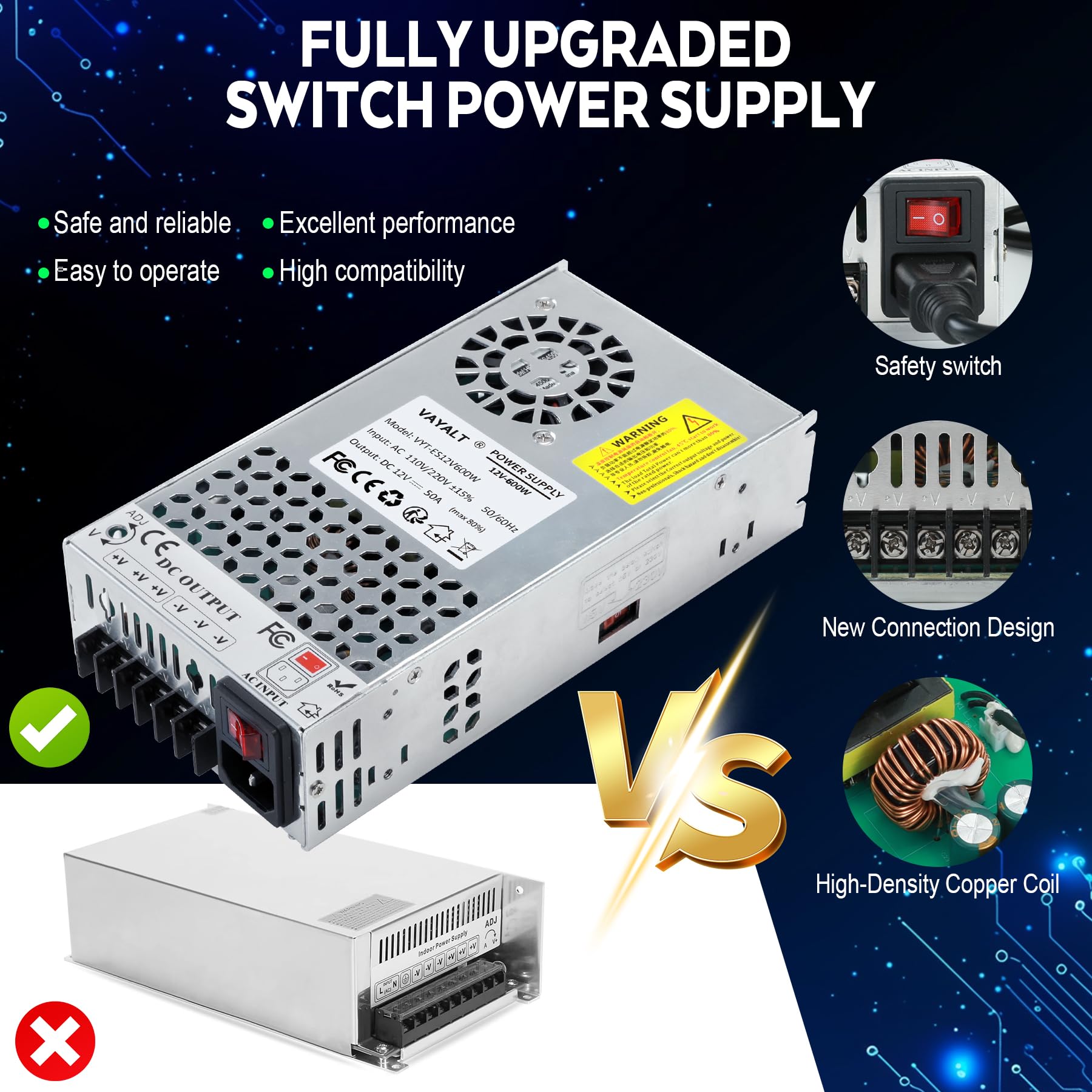 VAYALT New DC 12V 50A 600W Switching Power Supply, SMPS Power Supply, Universal Regulated Switching 110v to 12v Converter, for Industrial, CCTV, Computer Project, LED Strip Light (No Power Cord)