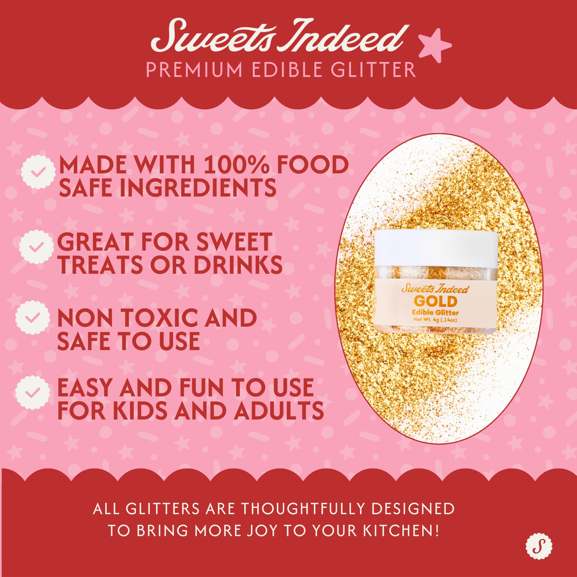 Sweets Indeed, Jadalny brokat, 4 lipca, idealny do napojów, koktajli, napojów i dekoracji ciast, dekoracji ciast deserowych, prezent, 200 g (złoty jadalny brokat)