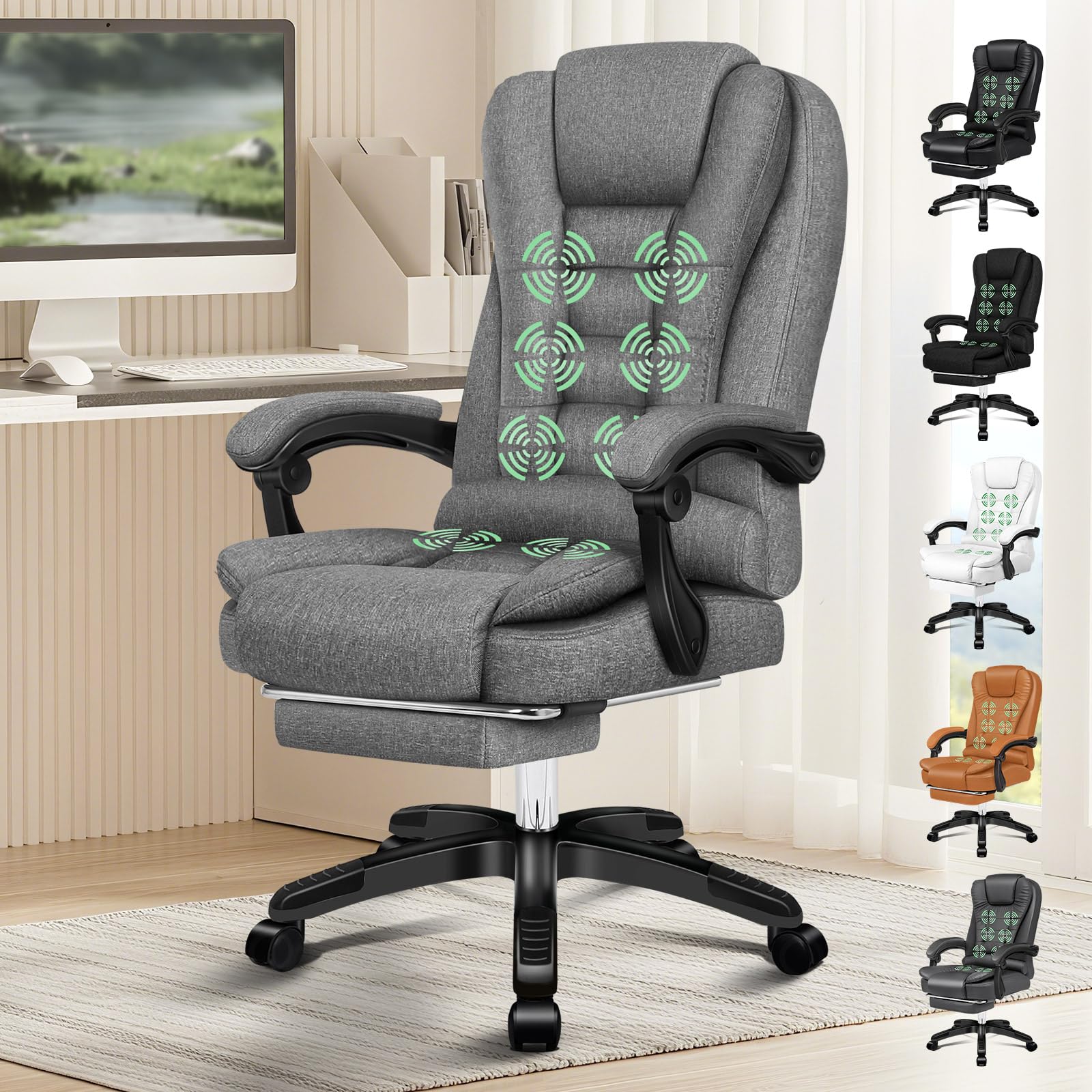 ELFORDSON Executive Office Chair with 8-Point Massage & Seat Heated, Home PC Gaming Chairs with Footrest, High Back 150° Reclining Executive Desk Chair with Padded Armrest, Linen, Grey