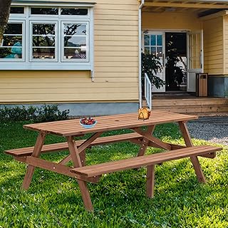 75-Inch 8-Seater Brown Wooden Picnic Table with 2 Built-in Benches, Heavy-Duty Outdoor Dining Table for Garden, Camping & Patio, 2220lb Weight Capacity, Easy DIY Assembly