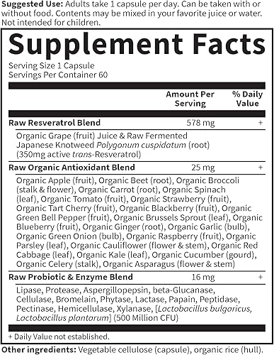 Miniatura 5 de Garden of Life Suplemento de resveratrol cardíaco potente apoyo antioxidante con 350 mg de trans-resveratrol fermentado crudo más probióticos y
