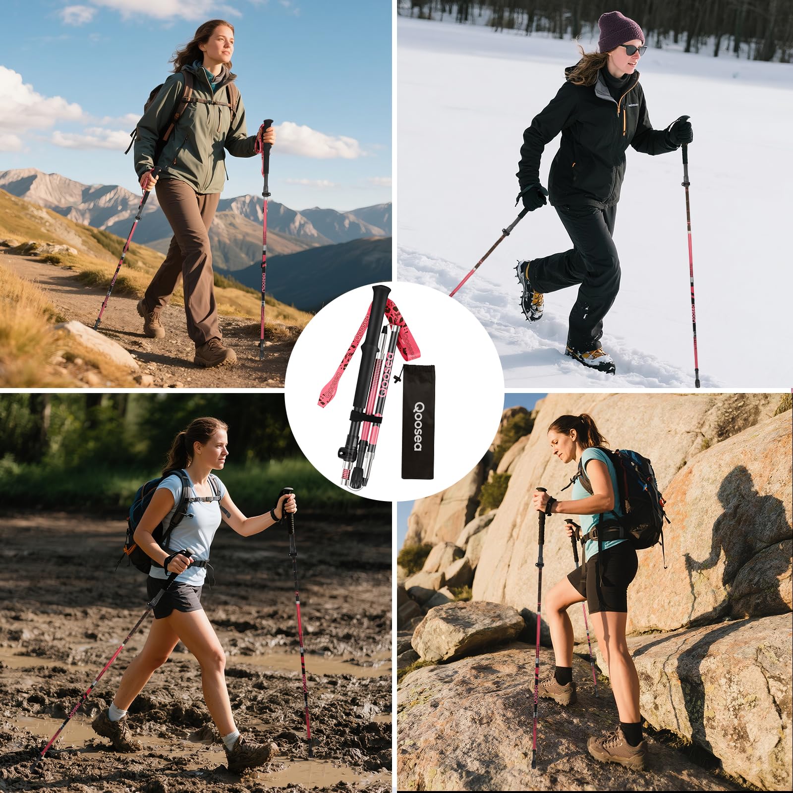 Qoosea Bastone da Trekking per Donna, Pieghevole e Regolabile 110-125 cm in Fibra di Carbonio - Bastoncino da Camminata Nordica Ultraleggero per Escursionismo, Alpinismo e Sci