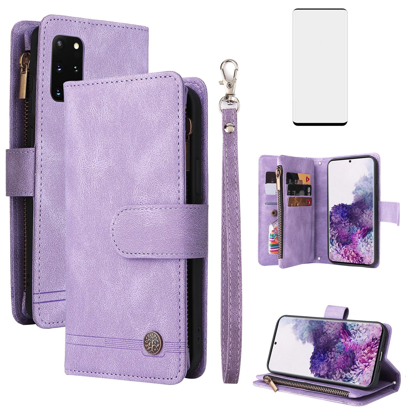 Asuwish Phone Case for Samsung Galaxy S20 Plus S20+ 5G Wallet Cover WithScreen Protector Credit Card Holder Flip Zipper Stand Cell Accessories S20+5G S20plus 20S + S2O S 20 20+ G5 Women Men Purple