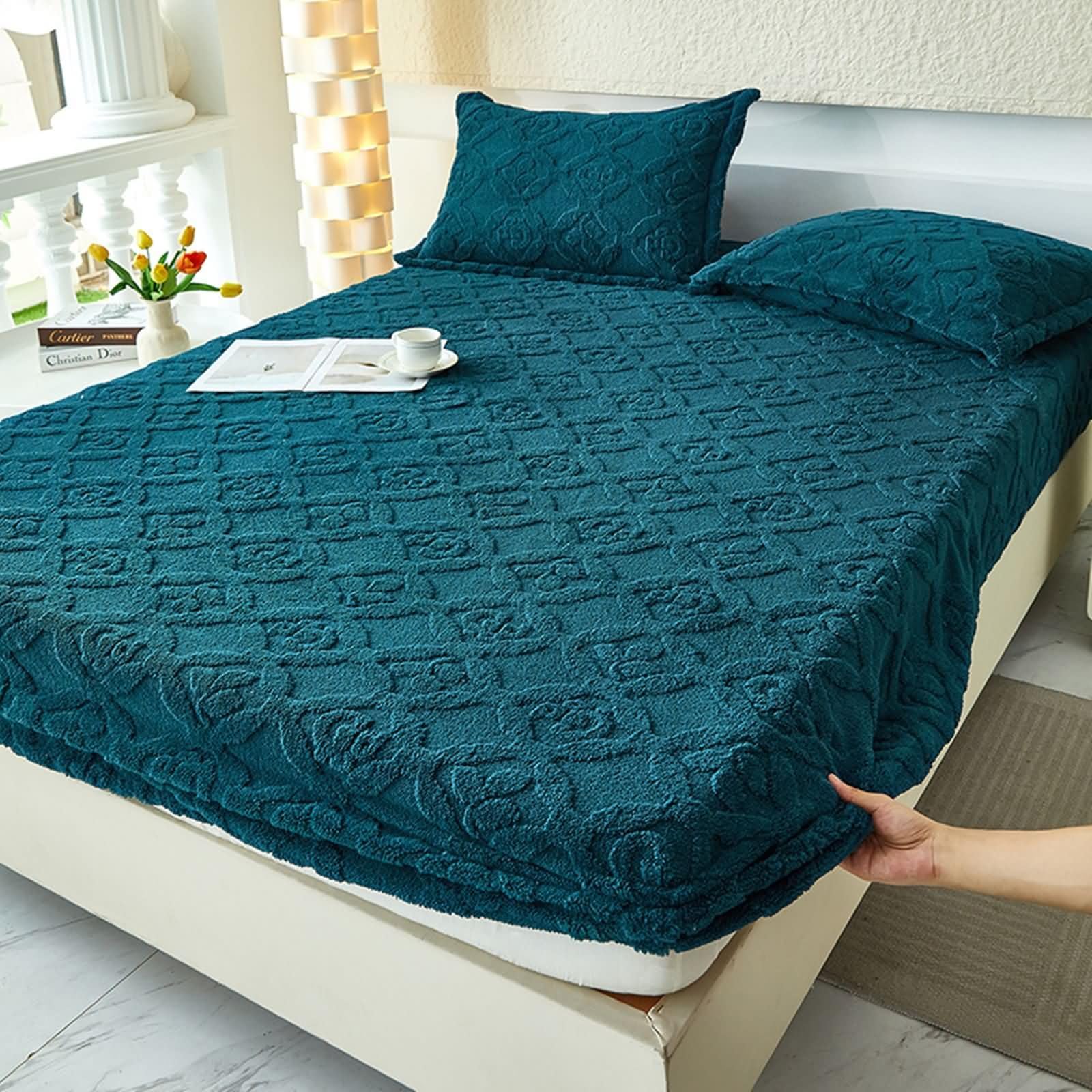 KnSam Prześcieradło z gumką i 2 poszewki na poduszki miękkie - 180 x 200 cm - Duck Blue - żakardowy flanelowy komplet pościeli, zimowe ciepłe wygodne prześcieradło z gumką