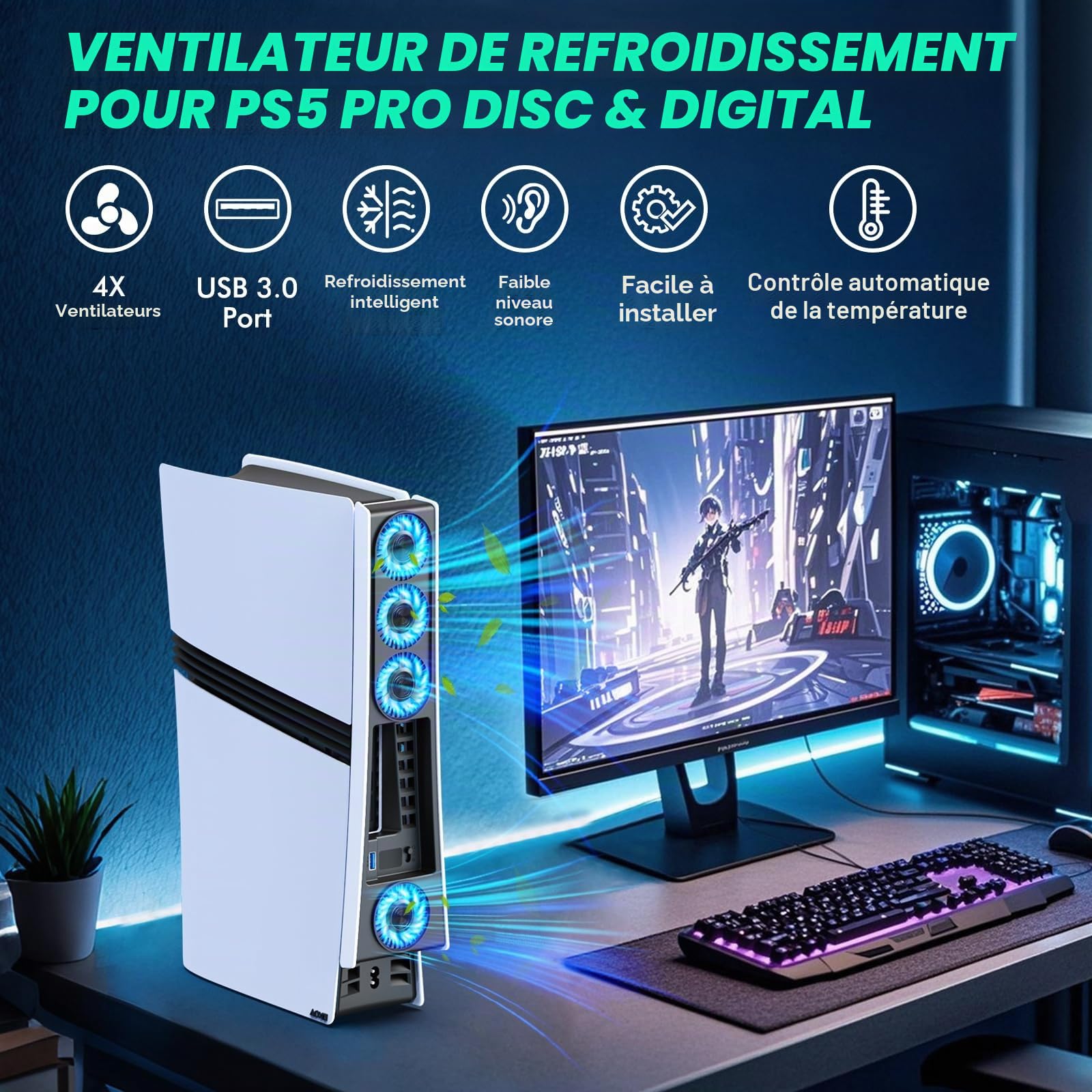 Ps5 Pro 4 ventilateurs de refroidissement, accessoires PS5 Pro avec USB 3.0, ventilateur de refroidissement silencieux efficace avec vitesse réglable, ventilateur de refroidissement pour PlayStation5