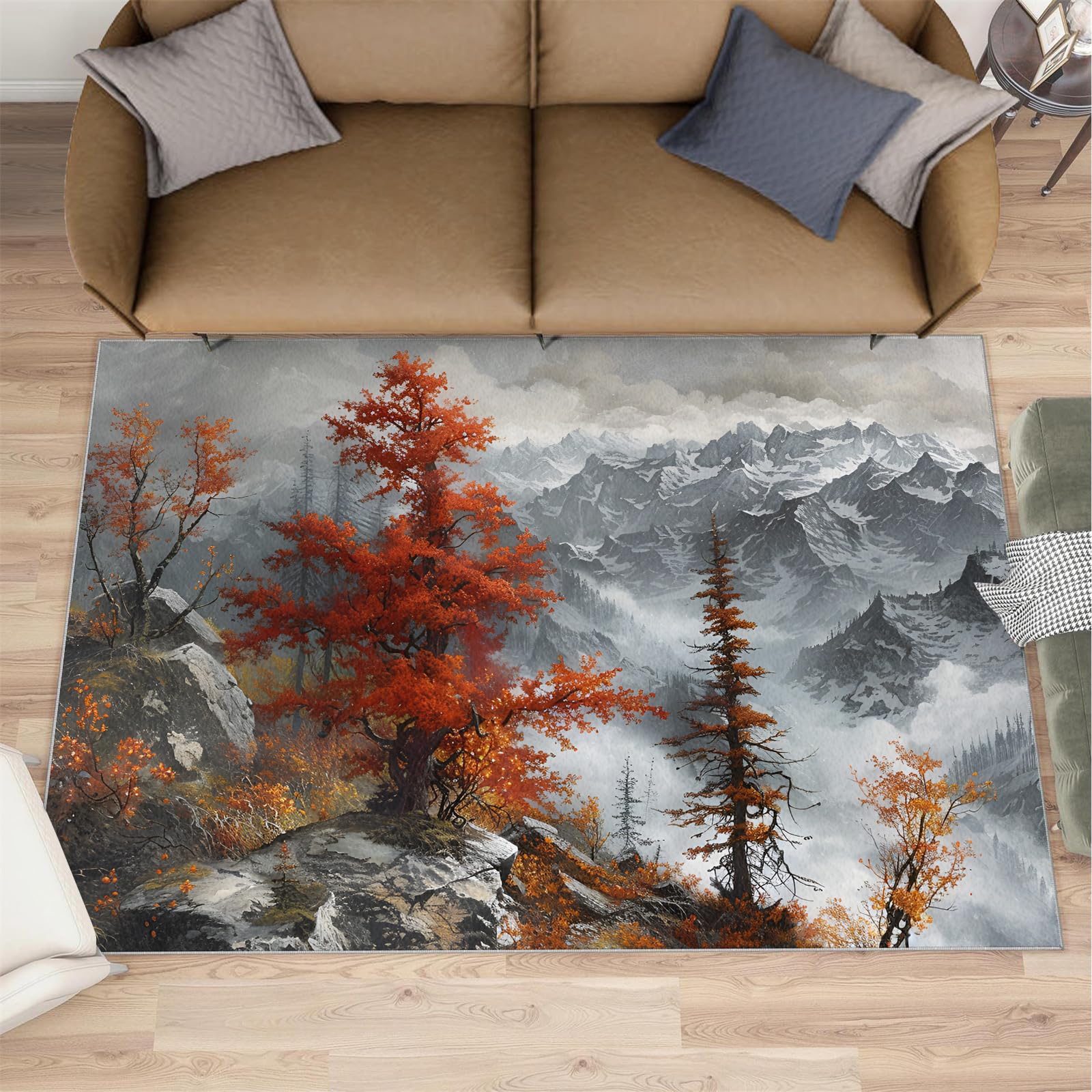 Tapis de salon paysage d'érable rouge d'automne lavable et antidérapant