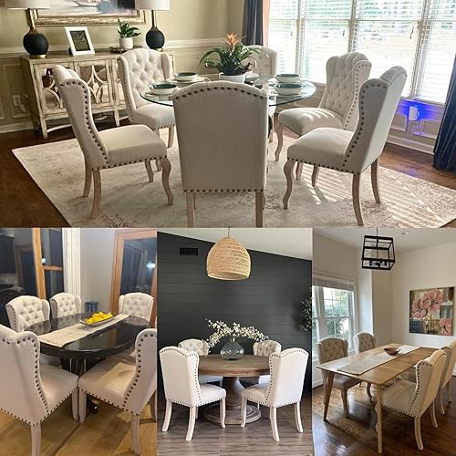 Miniatura 6 de chairus Parsons - Juego de 2 sillas de comedor tapizadas estilo rústico francés con ribete de cabeza de clavo y patas de madera curvas, sillas de