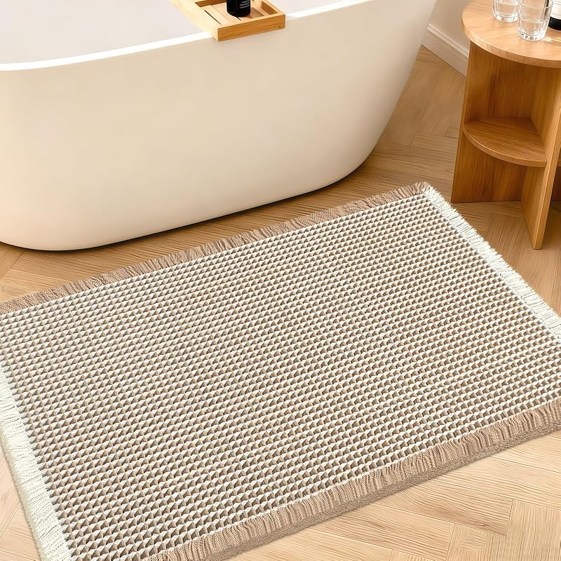 Alfombra de baño tipo gofre mejorada, 24.0 x 16.9 in, color marrón y crema, súper absorbente, antideslizante, de secado rápido, alfombras de baño con borlas, lavable a máquina, ultra suaves, alfombras de baño bohemias para suelo, alfombrillas de baño, decoración bohemia de granja