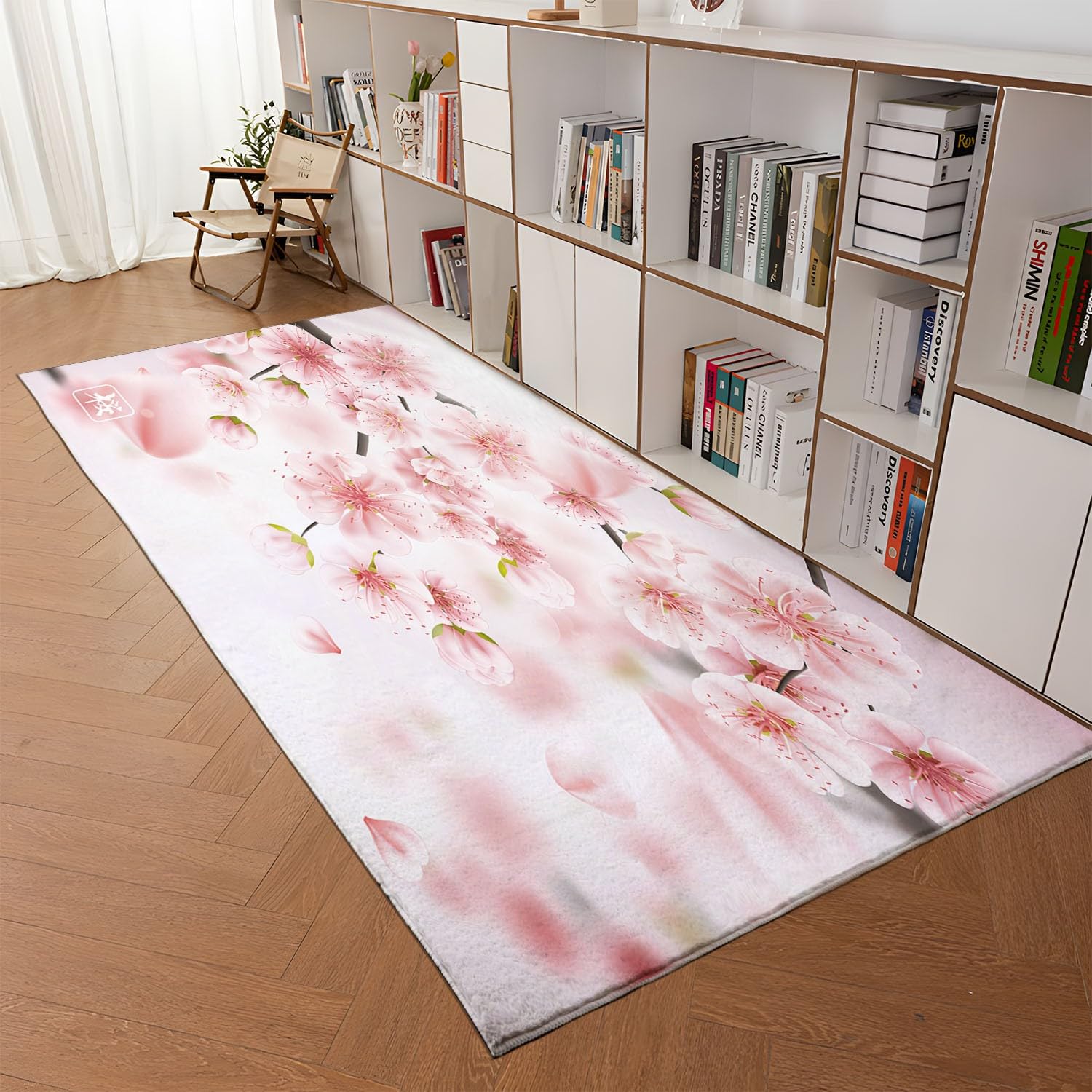 Rose Tapis de Salon 80 x 150cm Fleurs de Cerisier Roses du Japon Tapis Doux Poils Courts Moderne Antidérapant Grand Tapis pour Salon Chambre Décoration d'intérieur Garçons Filles Adolescents