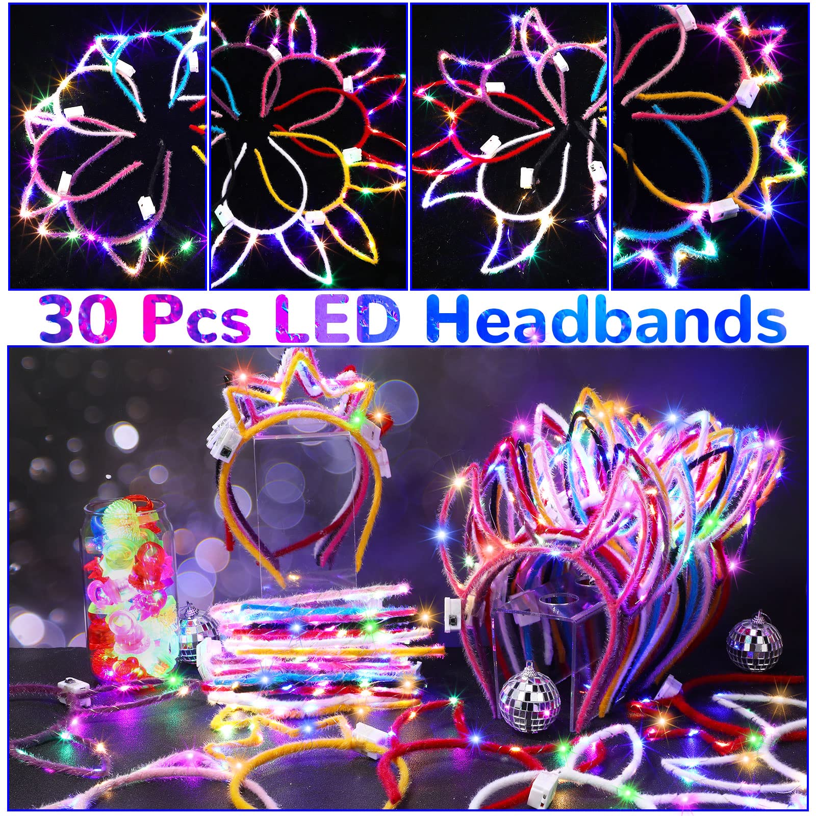 Janinka 64 Pcs LED Cat Ears Headband Bulk Bunny Ear Light up Headband Horn Headband LED Crown Headband Luminous Headdress Glow in The Dark Hairband for Women Girls Party Decorations Hair Accessories