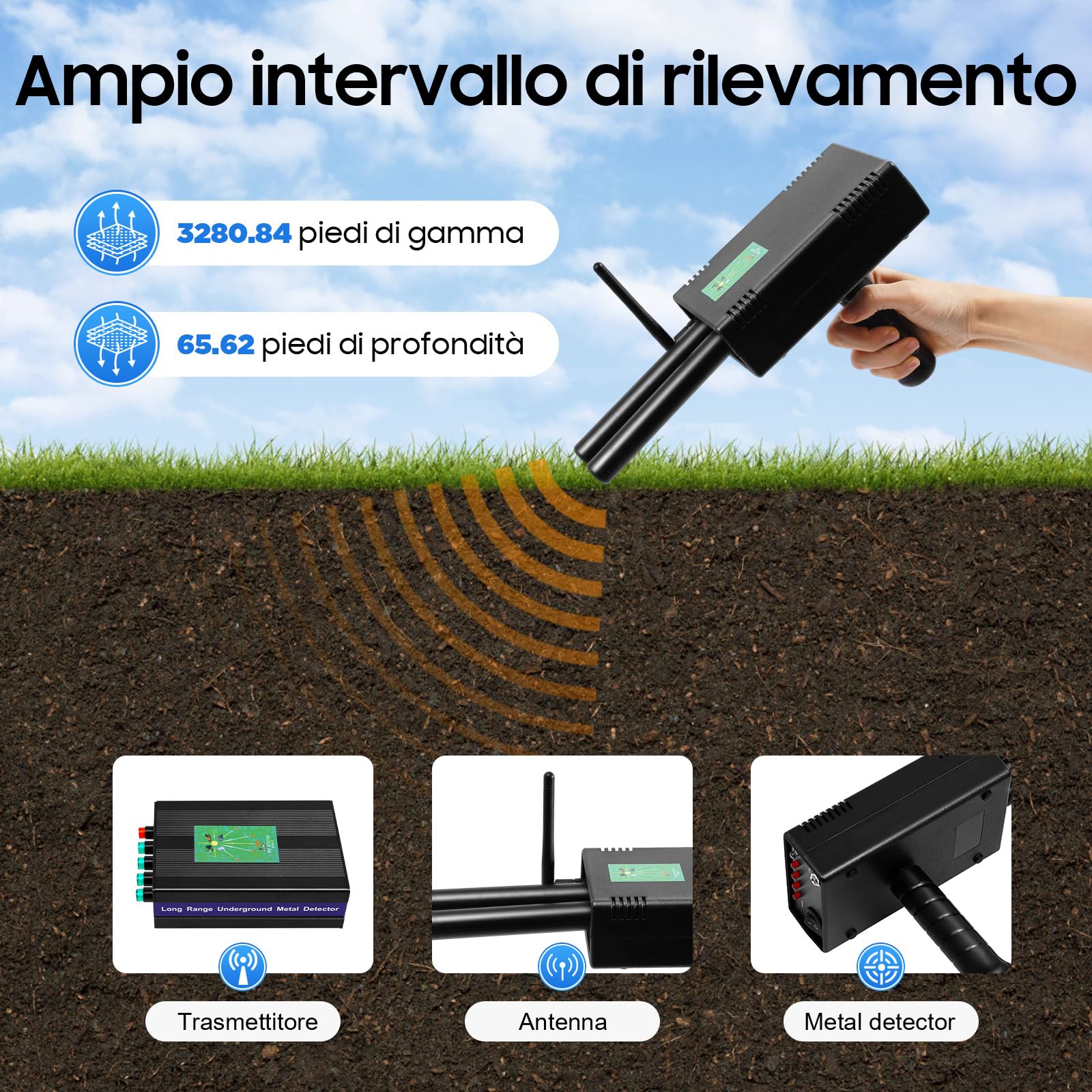 Detector de metales de mano, profesional, doble muestra, alcance de 1000 m, 20 m de profundidad, detector de tesoros, dorado, con bolsa portátil para adultos
