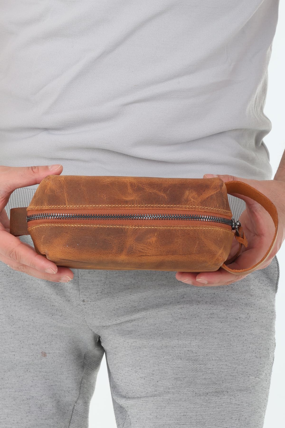 Erzeno Erkek Hakiki Deri Portföy Clutch Traş Bakım Kozmetik Çantası ve Günlük El Çantası Dopp Kit Taba