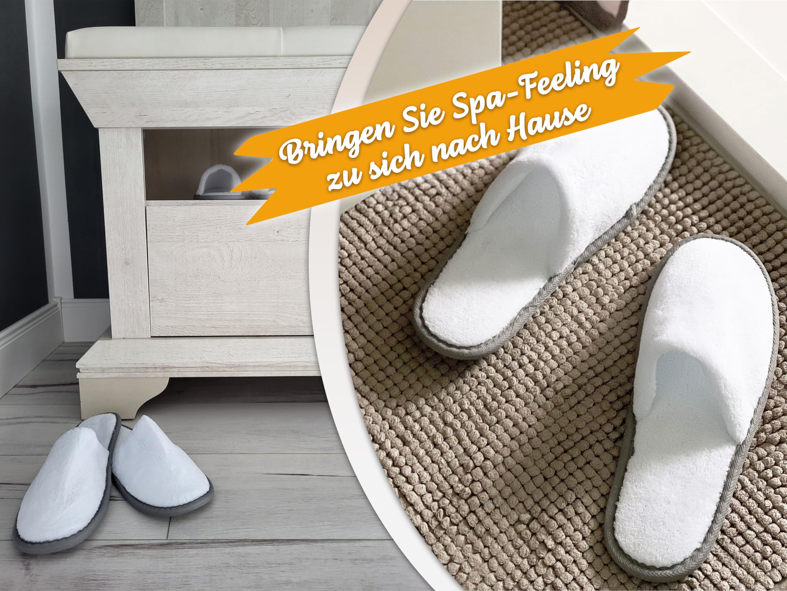 ZOLLNER Einwegslipper in weiß mit grauem Rand - Frottierslipper für Reise, Spa und Zuhause - rutschhemmende Noppensohle - geschlossene Spitze - Einheitsgröße - Hotelqualität, 506