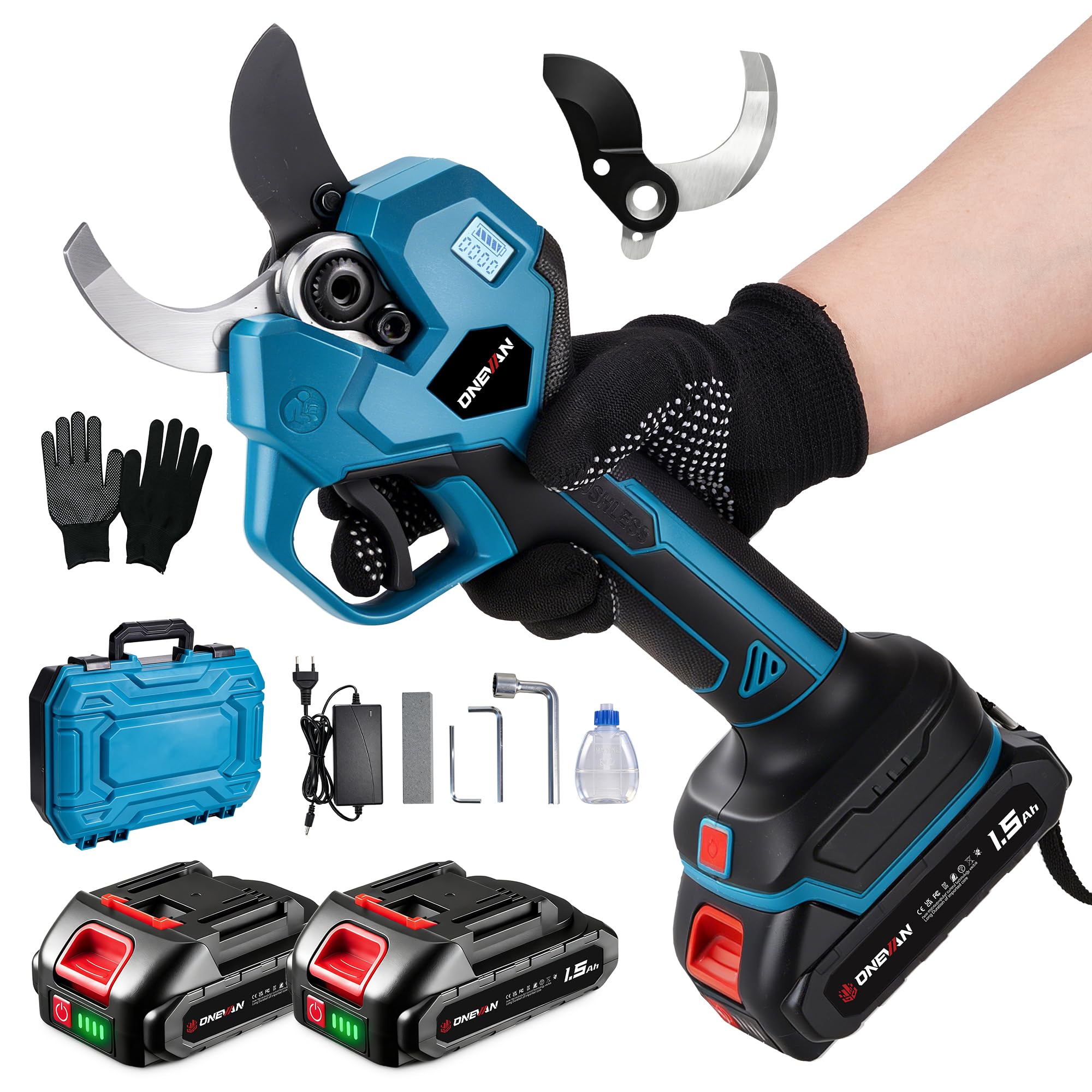 ONEVAN Tijeras de Podar Inalámbricas, 40mm, Pantalla LCD y Cuchillas SK5 | 2 baterías de 1,5 Ah, más de 400 cortes continuos, 2 ajustes de apertura (30/40mm), para frutales y cuidado de árboles