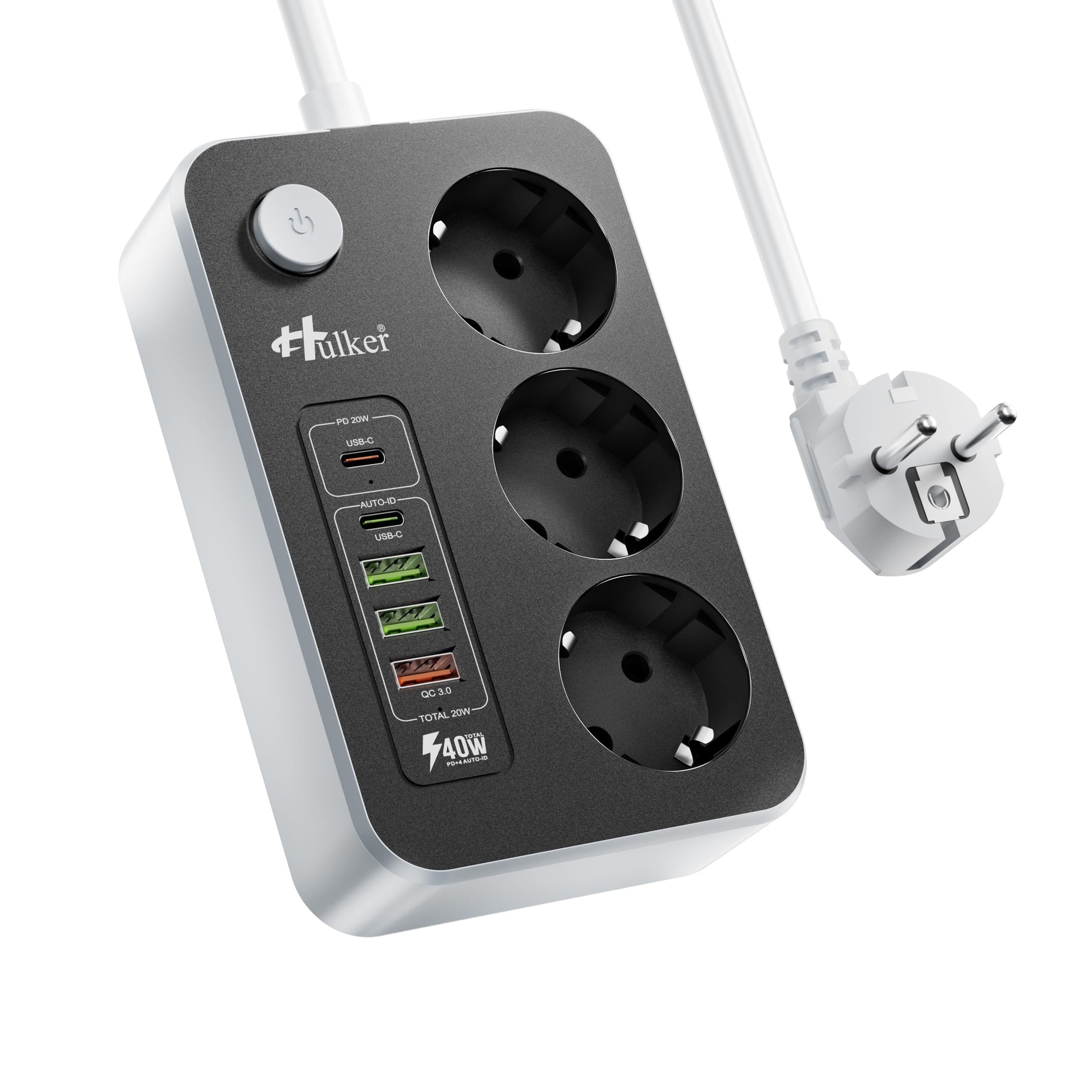 Steckdosenleiste mit PD 20W USB-C-Anschlüssen, Hulker 3 Fach Mehrfachsteckdose mit 5 USB, Steckerleiste mit 2M Verlängerungskabel für Homeoffice Büro