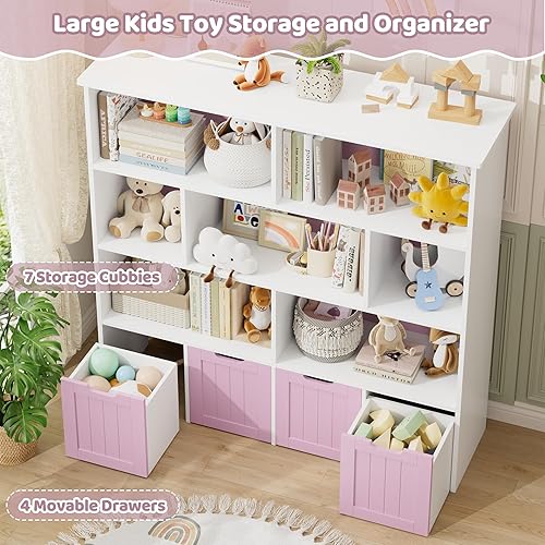 Miniatura 3 de FINETONES Organizador de almacenamiento de juguetes, estantería para niños con 4 cofres móviles y 7 cubos de almacenamiento, almacenamiento de baúl