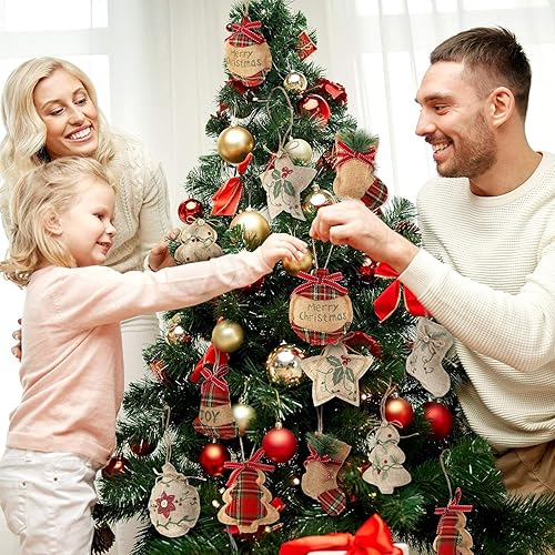 Miniatura 3 de WILLBOND 16 adornos rústicos de arpillera para árbol de Navidad a granel, decoraciones de granja de campo de tela roja, adornos colgantes para