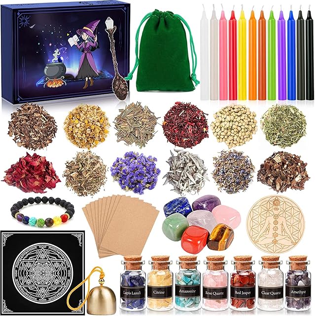 BEYAOBN Witchcraft Starter Kit, Witchcraft Supplies and Tools for Wiccan Altar- 54 Pack of Crystals Dried Herbs, Colored Magic Candles, Chakra Discs and Ritual Witches Magic Spoon, Baby Witches