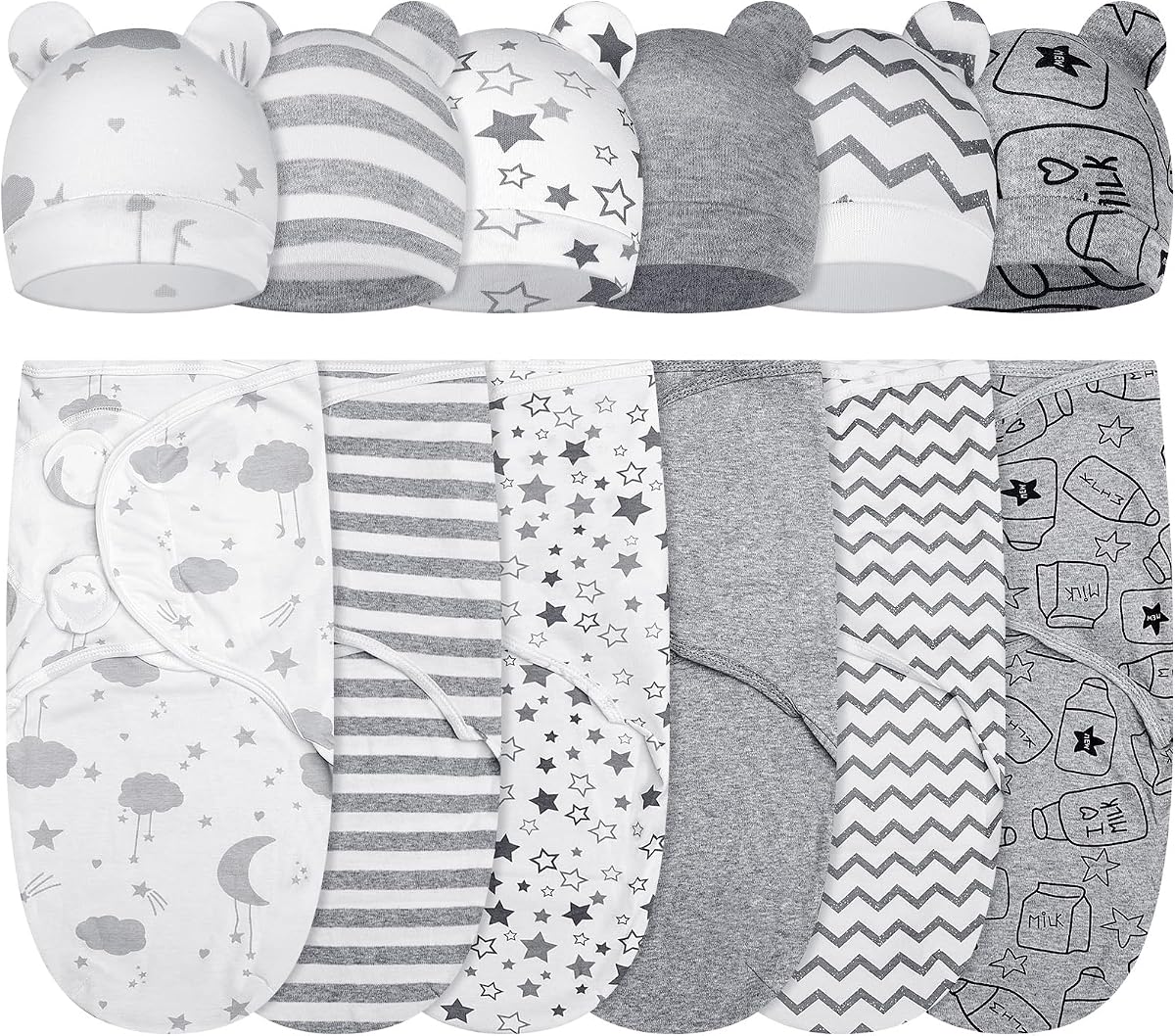 Ramede 6 Pack Baby Swaddle Blankets with Hats,Star,Grey | Soft Cotton Wrap for Newborn Boys 0-3 Months, Adjustable Breathable Sleep Sack Set, Skin-comfortable Receiving Blanket