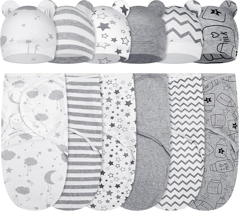 Ramede 6 Pack Baby Swaddle Blankets with Hats,Star,Grey | Soft Cotton Wrap for Newborn Boys 0-3 Months, Adjustable Breathable Sleep Sack Set, Skin-comfortable Receiving Blanket